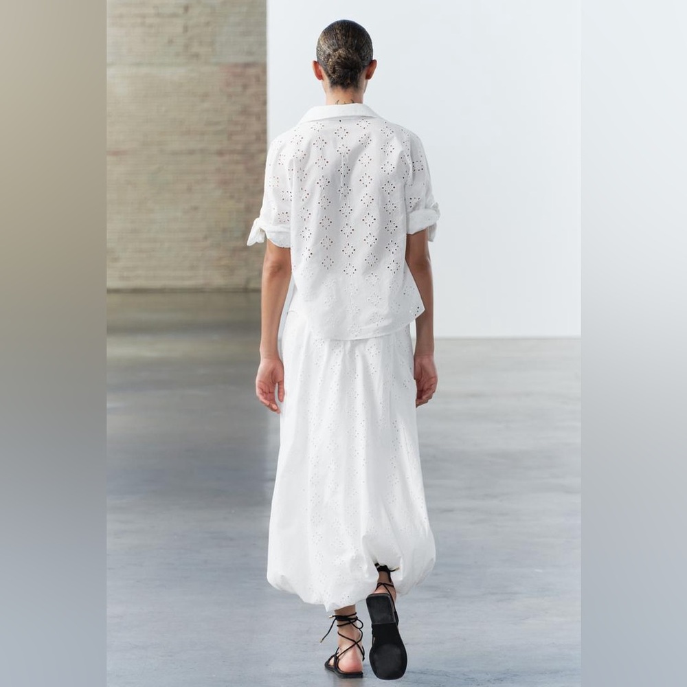 Zara embroidered 100% cotton white voluminous hem midi skirt sz.XS - Picture 5 of 16